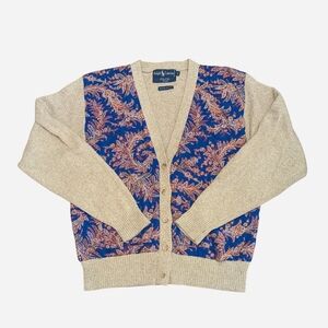 Vintage 90s Rare Ralph Lauren 100% Silk Paisley Print Cardigan Sweater, Size L